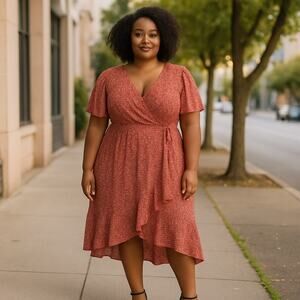 Estelle New Women's Ditsy Floral Asymmetrical Midi Dress Red Plus Size 4X Fairy